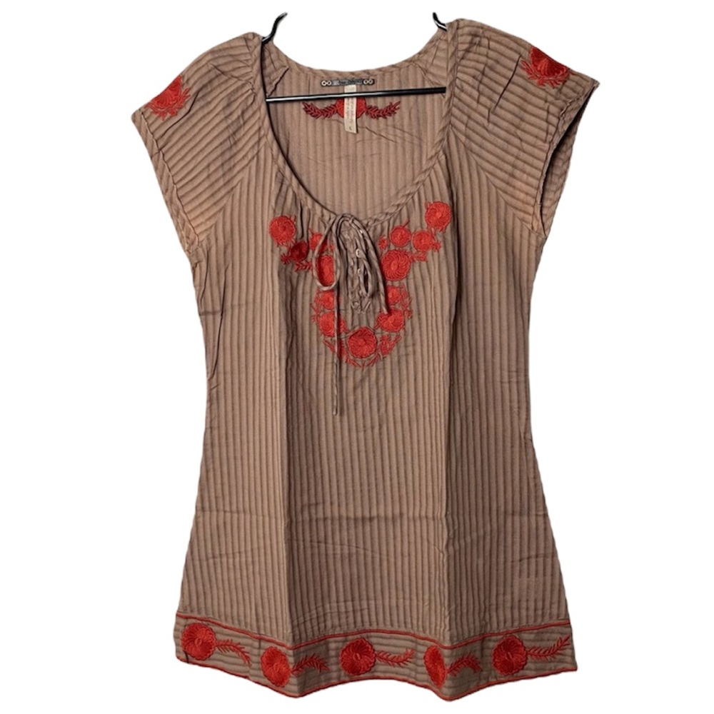 FREE PEOPLE BROWN STRIPED & EMBROIDERED LONG TUNIC TOP SIZE 8